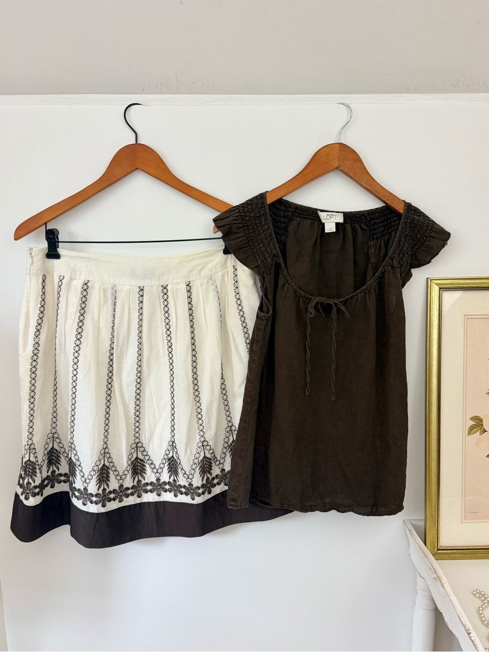 Ann Taylor LOFT Brown Embroidered Skirt & Linen Top Set Sz 8